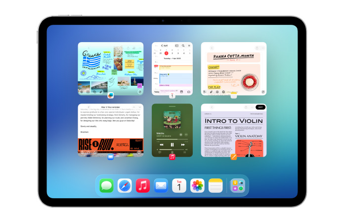 iPad, landscape orientation, shows six windows open in two rows, including Calendar app, Notes app, Apple Music and Safari