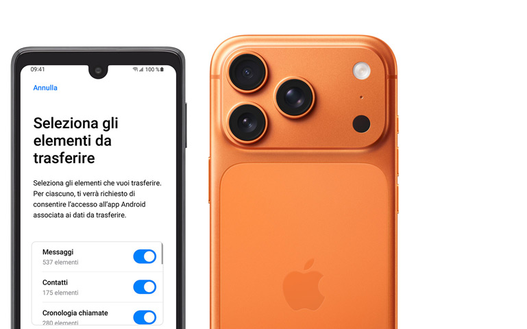 Due dispositivi affiancati, un dispositivo Android con l’app Passa a iOS e un iPhone 17 Pro mostrato da dietro, sistema di fotocamere Pro Fusion, 3 obiettivi, microfono, flash