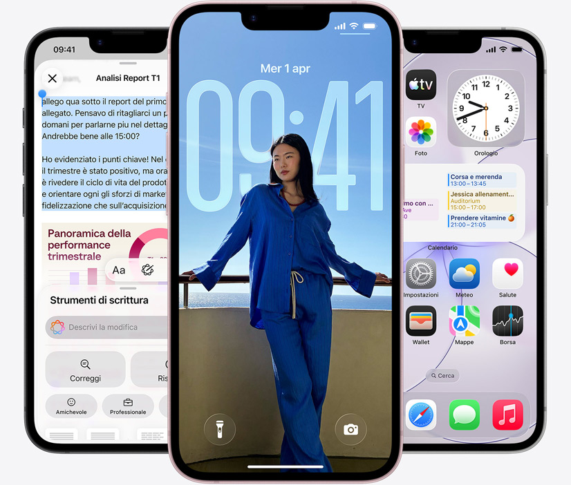 Tre iPhone 17e mostrati di fronte, sul display si notano rispettivamente gli Strumenti di scrittura in uso, la schermata di blocco con la foto di una persona, e l’app Messaggi con messaggi inviati via satellite