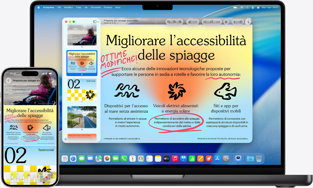 Un iPhone e un MacBook affiancati. Lo schermo dell’iPhone è duplicato su quello del MacBook e mostra i widget Calendario e Note in alto, e icone di app in basso.