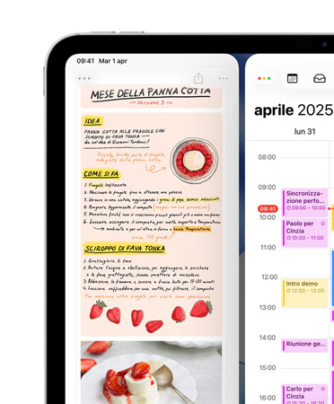 Un iPad in orizzontale con la parte superiore sinistra dello schermo che mostra le app Note e Calendario disposte fianco a fianco, come esempio di allineamento delle finestre