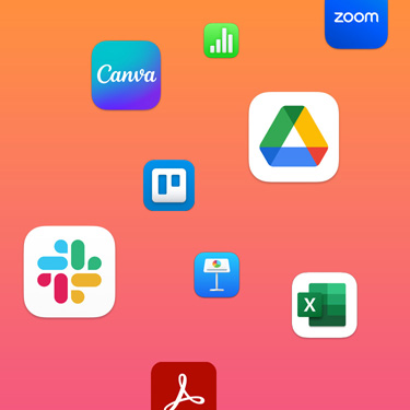 Íconos de apps de productividad como Slack, Canva, Google Workspace, Zoom, Trello, Keynote, Excel, Adobe Acrobat y Numbers sobre un fondo colorido.
