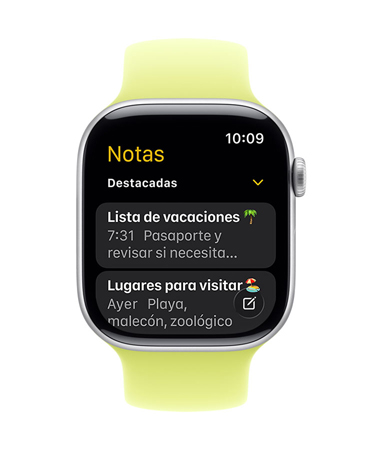 Un Apple Watch color plata con una correa trenzada peonía, en cuya pantalla se ve la app Notas con dos notas destacadas