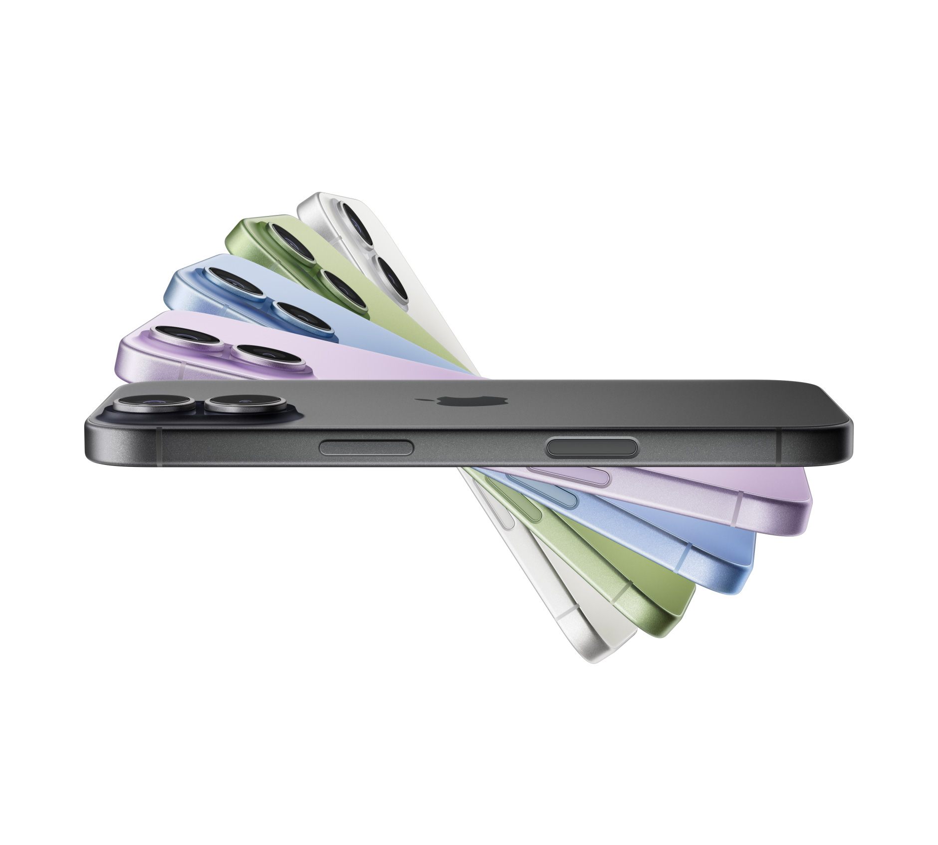 Vėduokle išskleidžiami „iPhone 17“ telefonai, spalvos: juoda, levandų, mėlynos miglos, šalavijo žalios, balta