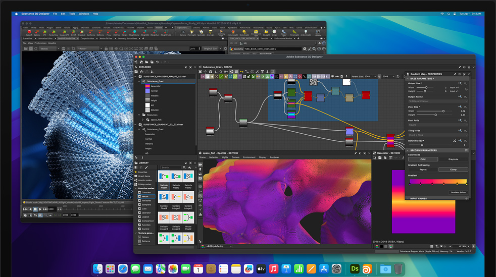 Redzams, kā Mac Studio ar M4 Max ekrānā tiek izmantotas Adobe Substance 3D Designer, Houdini un Redshift aplikācijas