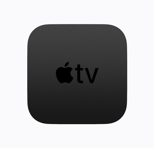 جهاز Apple TV 4K، باللون الأسود، الجانب الخارجي العلوي، شعار Apple TV باللون الأسود اللامع