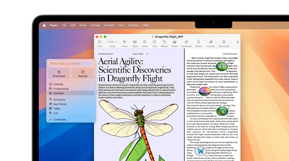 Revising a scientific document about dragonfly flight to be more concise using Apple Intelligence Writing Tools