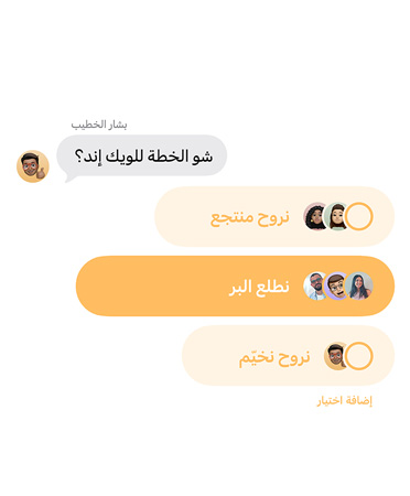 لقطة مقرّبة لميزة الاستقصاءات الجديدة في تطبيق الرسائل وأشخاص في المحادثة الجماعية يصوتون لاختيار وجهة رحلة نهاية الأسبوع