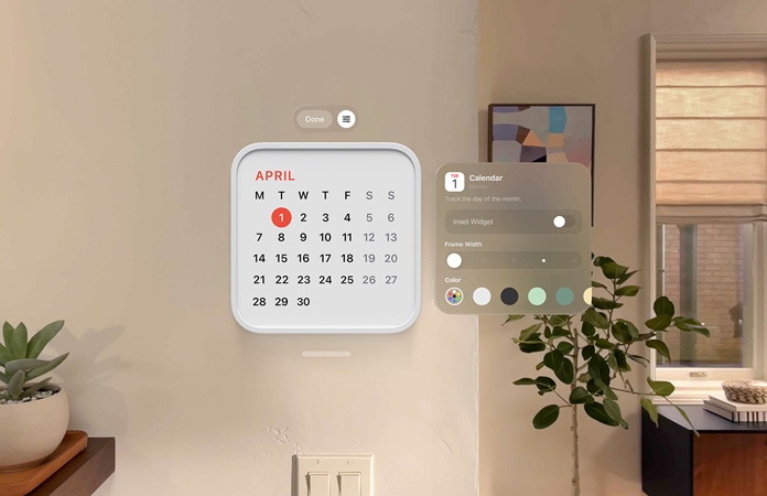 Calendar widget reading: April 1st floats on wall, reminder widget above, personalization options to change frame thickness and color to right