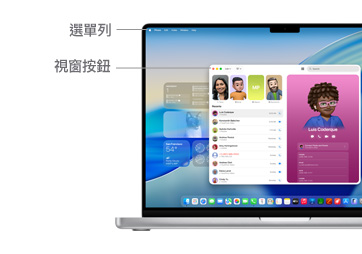 以 MacBook Pro 14 吋導覽 macOS 介面，線條標示出選單列和視窗按鈕的位置。
