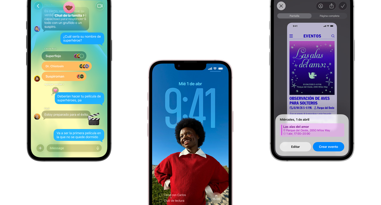 Tres dispositivos iPhone 17e, se muestra la app Mensajes con el diseño de Liquid Glass, una pantalla bloqueada dinámica, y la funcionalidad Captura de Pantalla con un evento de Calendario en uso