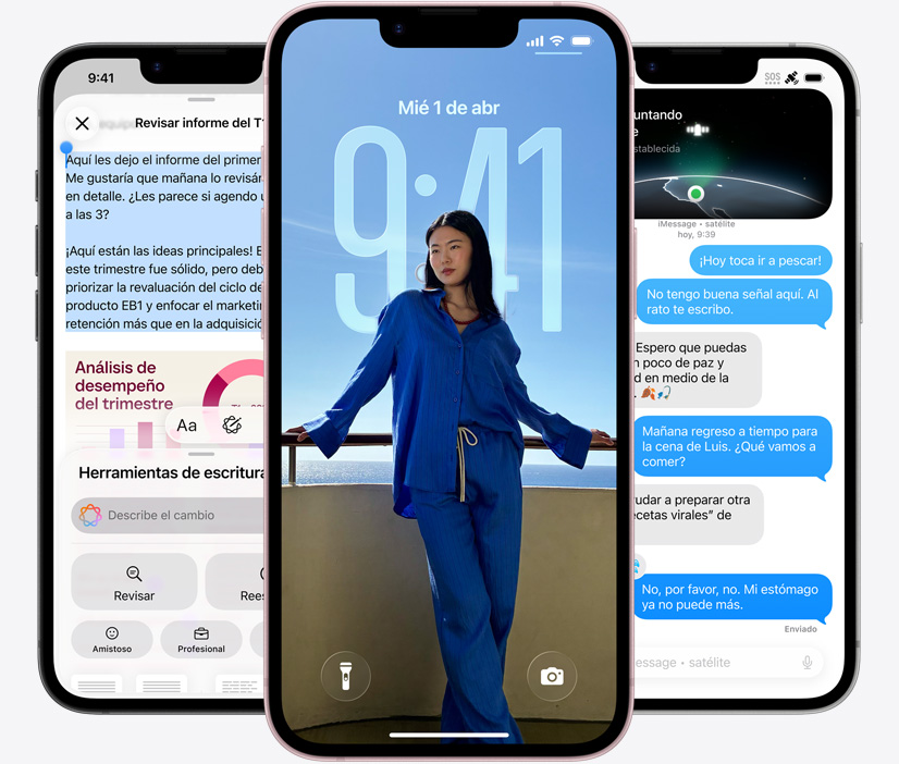 Tres dispositivos iPhone 17e, se muestra la app Mensajes enviando mensajes vía satélite, una pantalla bloqueada con la foto de una persona y una notificación de evento del calendario, y una captura de pantalla con Apple Intelligence en uso