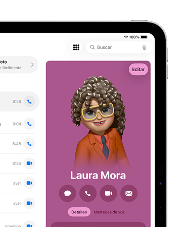 Un iPad, parte derecha de la pantalla que muestra una tarjeta de contacto en la app Teléfono con opciones para mandar un mensaje, llamar y más