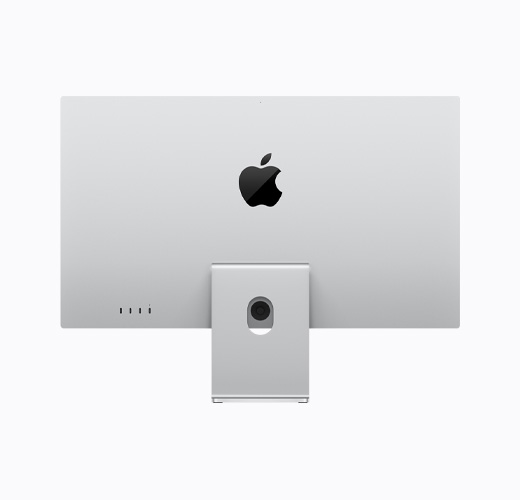 Apple Studio Display with tilt-adjustable stand, silver colour, back exterior, glossy black Apple logo centred