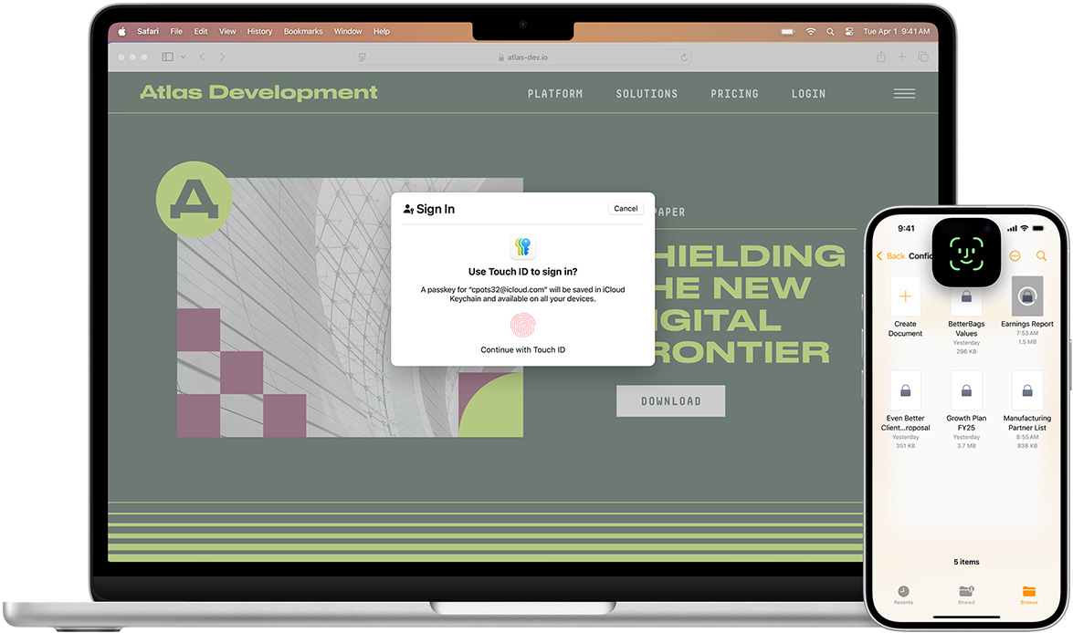 Front view of a MacBook featuring Touch&nbsp;ID window. In front of the MacBook is an iPhone featuring Face&nbsp;ID screen.