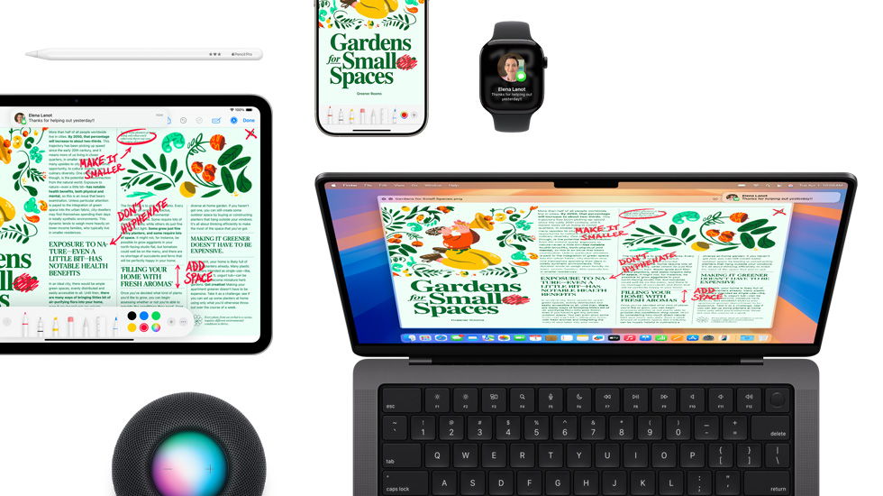 A suite of devices including an iPad, iPhone, Watch and Mac, all featuring the same content.