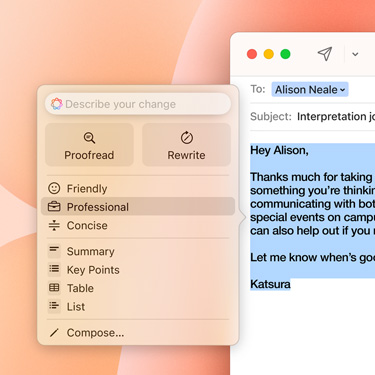 A business email featuring an Apple Intelligence prompt.