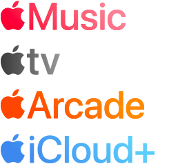 Apple subscription services logotypes including Apple Music, Fitness+, Apple TV+, Apple Arcade, iCloud+