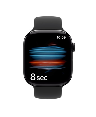 Apple Watch Series 11 z kopertą z aluminium w kolorze onyksu i sportowym paskiem w kolorze czarnym. Aplikacja Zdrowie dokonuje pomiaru natlenienia krwi