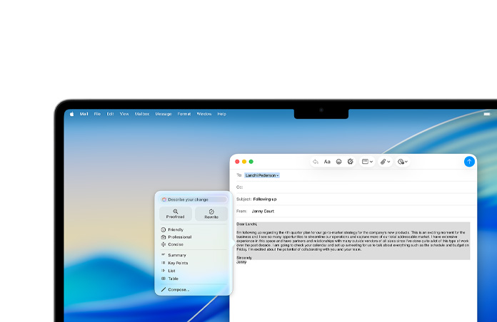 iPhone 16 Plus z tekstem zaznaczonym w aplikacji Notatki, MacBook Air z otwartym slajdem PowerPoint, a na slajdzie tekst z aplikacji Notatki