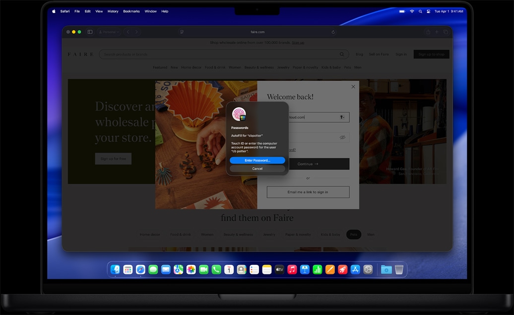 Podczas korzystania z Safari użytkownik jest proszony o użycie Touch ID w celu zalogowania się do witryny internetowej