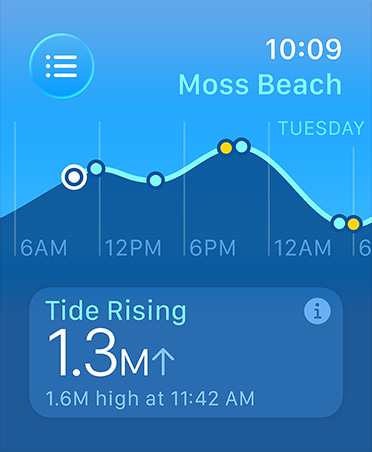 Tides app, metrics: high and low tides, rising and falling tides, line graph estimating times and tide points