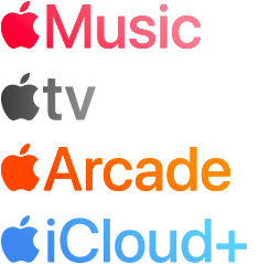 Apple subscription services logotypes including Apple Music, Apple TV+, Apple Arcade, iCloud+