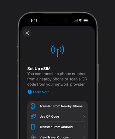 iPhone 17 Pro, front exterior, using the Set Up Mobile Network feature to easily transfer a phone number with eSIM