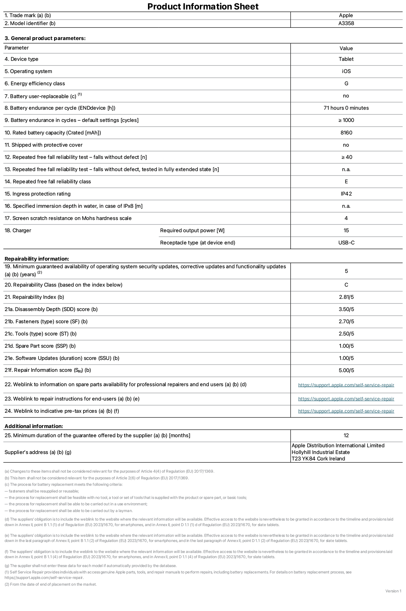 Product information sheet for 11-inch iPad Pro M5 Wi-Fi + Cellular, model A3358. Supplied by Apple Distribution International Limited, Hollyhill Industrial Estate. Cork, Ireland, T23 YK84. Device type: tablet. Operating system: iOS. Energy efficiency class: G. Battery user-replaceable: no. Battery endurance per cycle: 71 hours. Battery endurance in cycles - default settings: greater than or equal to 1,000. Rated battery capacity: 8,160 milliampere-hours. Shipped with protective cover: no. Repeated free fall reliability test - falls without defect: greater than or equal to 40. Repeated free fall reliability test - falls without defect tested in fully extended state: not applicable. Repeated free fall in reliability class: E. Ingress protection rating: IP42. Specified immersion depth in water, in case of iPx8: not applicable. Screen scratch resistance on Mohs hardness scale: 4. Charger required output power: 15 watts. Charger receptacle type (at device end): USB-C. Minimum guaranteed availability of operating system security updates, corrective updates and functionality updates: 5 years. Repairability class: C. Repairability index: 2.81/5. Disassembly Depth (SDD) score: 3.50/5. Fasteners score: 2.70/5. Tools score: 2.50/5. Spare part score: 1.00/5. Software updates score: 1.00/5. Repair information score: 5.00/5. Weblink to information on spare parts availability for professional repairers and end-users: https://support.apple.com/self-service-repair. Weblink to repair instructions for end-users: https://support.apple.com/self-service-repair. Weblink to indicative pre-tax prices: https://support.apple.com/self-service-repair. 12 month general guarantee offered.