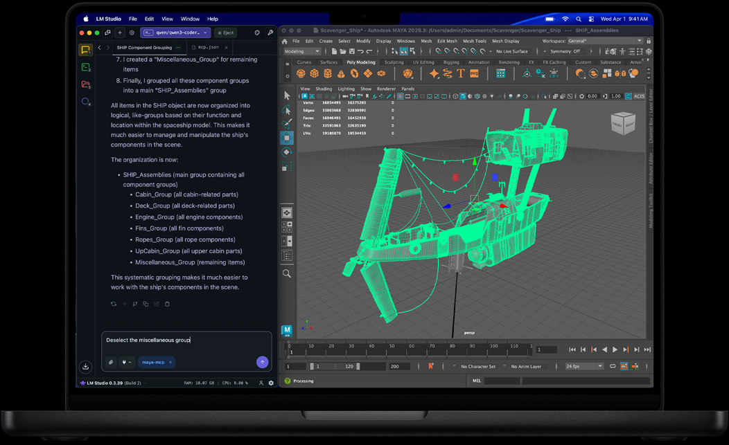 หน้าจอของ MacBook Pro แสดง LM Studio และ Autodesk Maya