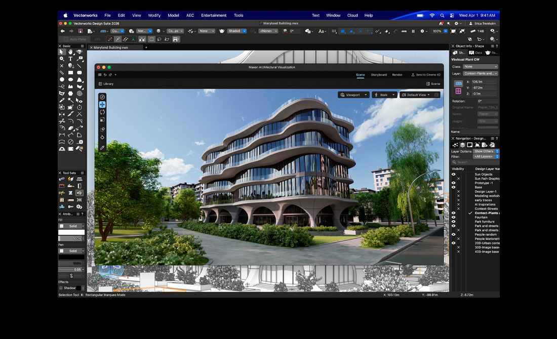 หน้าจอ MacBook Pro แสดง Vectorworks Design Suite with Maxon Redshift
