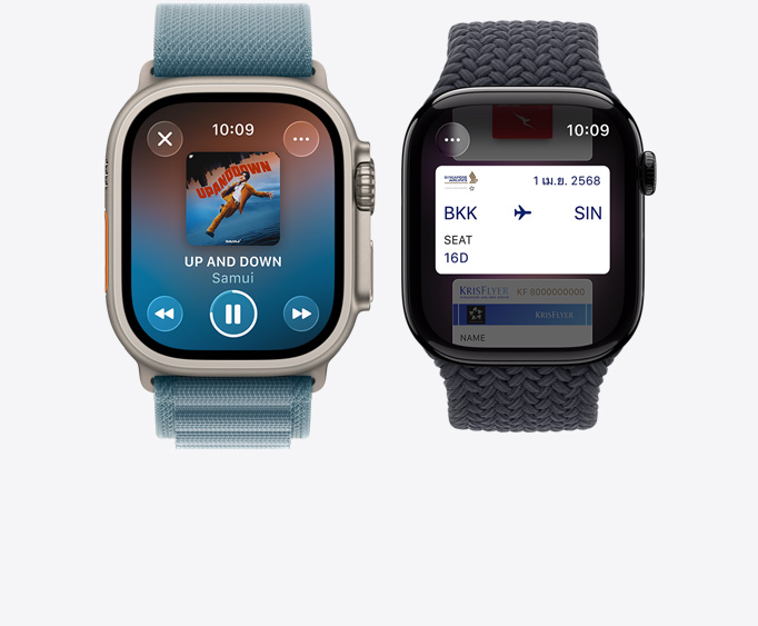 Apple Watch Ultra 3, titanium case, natural color, Apple Music app, now playing screen, Apple Watch Series 11,  aluminum case, polished jet black color, Apple Pay screen, Apple Card