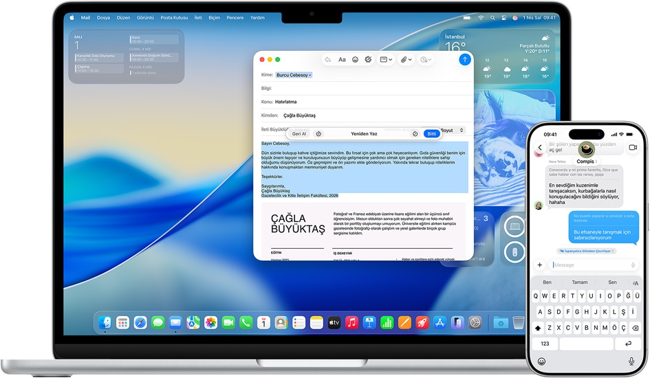 Yazma Araçlarını gösteren Mac ve Canlı Çeviri ile mesajları gösteren iPhone
