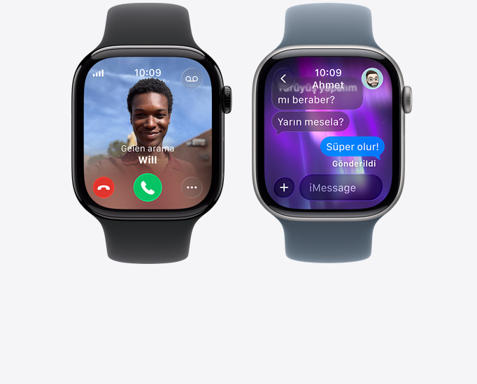 Apple Watch Series 11 aygıtları, gelen arama, kişi fotoğrafı, arama kabul etme ve reddetme düğmeleri, iMessage yazışması