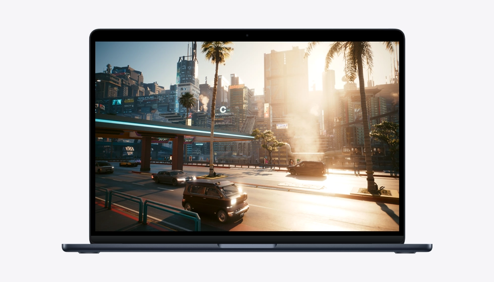 MacBook Air 螢幕顯示遊戲畫面，以展示 M5 晶片的能力