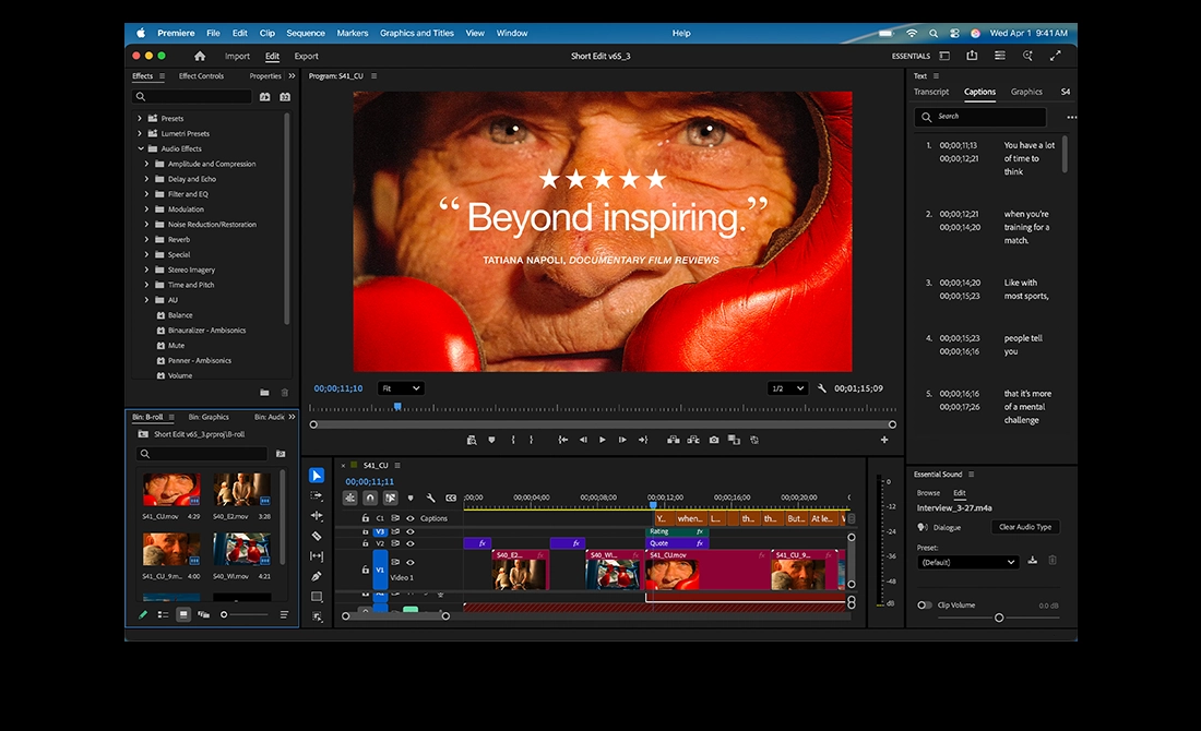 MacBook Pro 螢幕展示在 Adobe Premiere 中剪輯一部名為 Eternal Play 的影片