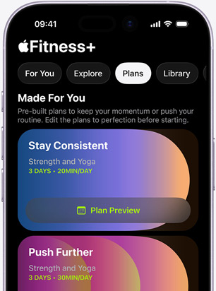 Apple Fitness+ app on an iPhone showing the Plans tab screen, featuring Made for You plans: Stay Consistent and Push Further