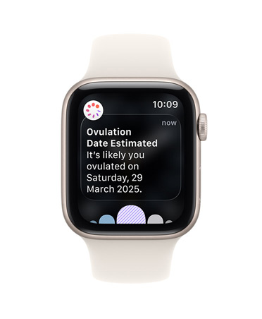 Apple Watch SE 3, aluminium case, starlight colour, ovulation date estimation notification from Cycle Tracking in Health app, Digital Crown, Sport Band, starlight colour