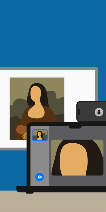 رسم توضيحي متحرك لتطبيق المكبر على شاشة MacBook يكبّر صورة الموناليزا المعروضة على لوح الفصل الدراسي