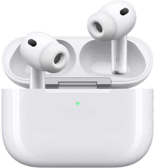 AirPods Pro 3 dan Casing Pengisian Daya MagSafe (USB-C), eksterior casing melengkung, indikator daya LED, penutup casing terbuka, warna putih, headphone nirkabel dengan eartip silikon, interior batang yang menampilkan huruf L dan huruf R