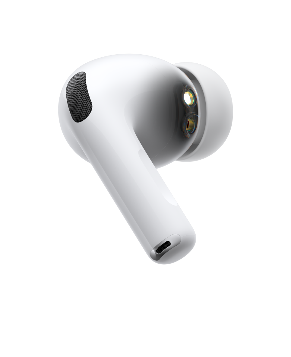 AirPods Pro 3, headphone nirkabel, warna putih, eksterior samping, batang tubular pendek, gelombang berdetak