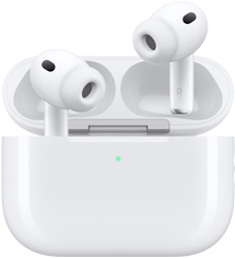 AirPods Pro 3 and MagSafe Charging Case (USB-C), rounded case exterior, LED power indicator, case lid open, white colour, wireless headphones with silicone tips, stem interior features letter L and letter R