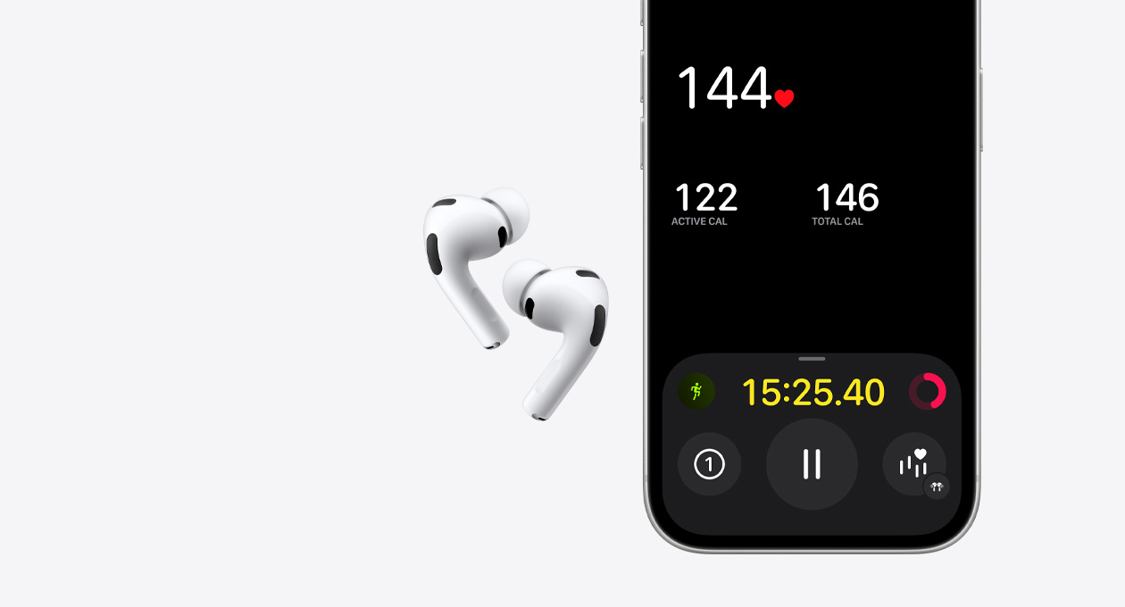 AirPods Pro 3, white color, lower half of iPhone 17 Pro screen, Fitness app, heart rate sensing feature