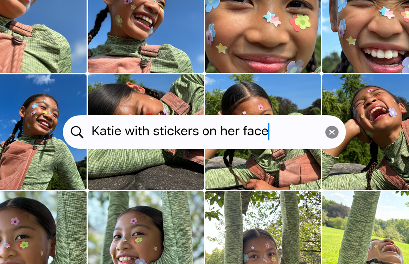 A grid of photos based on the search prompt Katie with stickers on her face