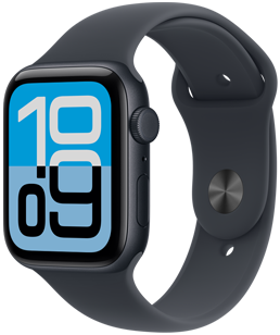 Apple Watch SE 3, aluminium case, midnight colour, Flux watch face, right side exterior, Digital Crown, microphone, side button, midnight Sport Band, silver pin-and-tuck closure