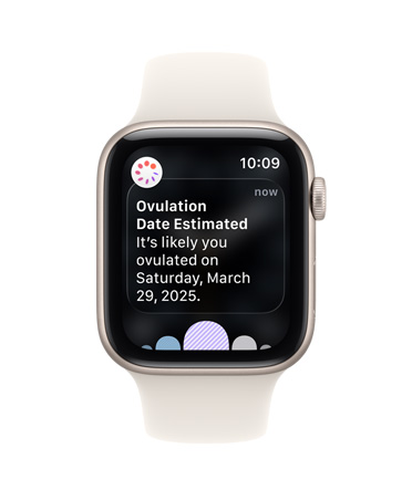 Apple Watch SE 3, aluminium case, starlight colour, ovulation date estimation notification from Cycle Tracking in Health app, Digital Crown, Sport Band, starlight colour