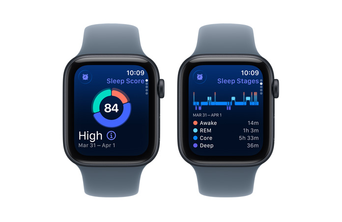 Apple Watch SE 3, sleep score, circle graph and score number, sleep stages analyzes awake, REM, core, and deep sleep stages