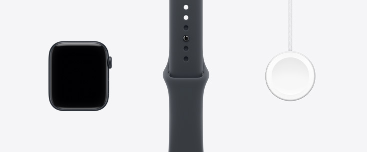 Apple Watch SE 3, алюмінієвий корпус, колір «темна ніч», вид спереду, дисплей на всю передню панель, спортивний ремінець кольору «темна ніч», кабель USB‑C з магнітним кріпленням для швидкого заряджання Apple Watch