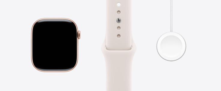 Apple Watch Series 11, alumiinikuori, värinä ruusukulta, etupuoli, reunasta reunaan ulottuva näyttö, punanhäivän värinen urheiluranneke, Apple Watchin magneettinen pikalaturi–USB-C-johto