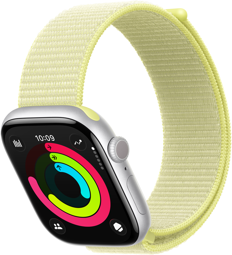 Apple Watch Series 11, toonis hõbe, alumiiniumist korpus, aktiivsusringid: Move, Excercise, Stand, parem väliskülg, Digital Crown helistamine, külgnupp, mikrofon, kellarihm, neoonkollane Sport Loop